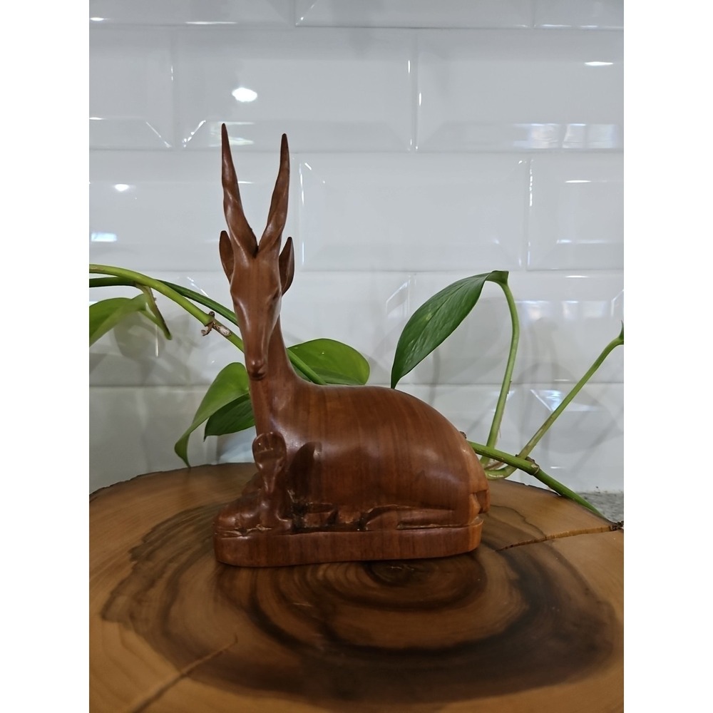 Hand Carved Wooden Antelope Gazelle Deer w‎ Baby 5"×6.5"×2"